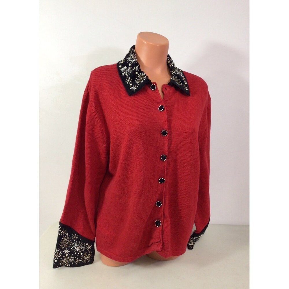 Tiara Red Cardigan Beaded Velvet Collar Sweater Womens XL